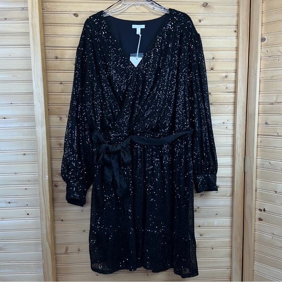 LC Lauren Conrad NWT Black Sequin Wrap Mini Cocktail Dress Size 4X - Picture 5 of 6